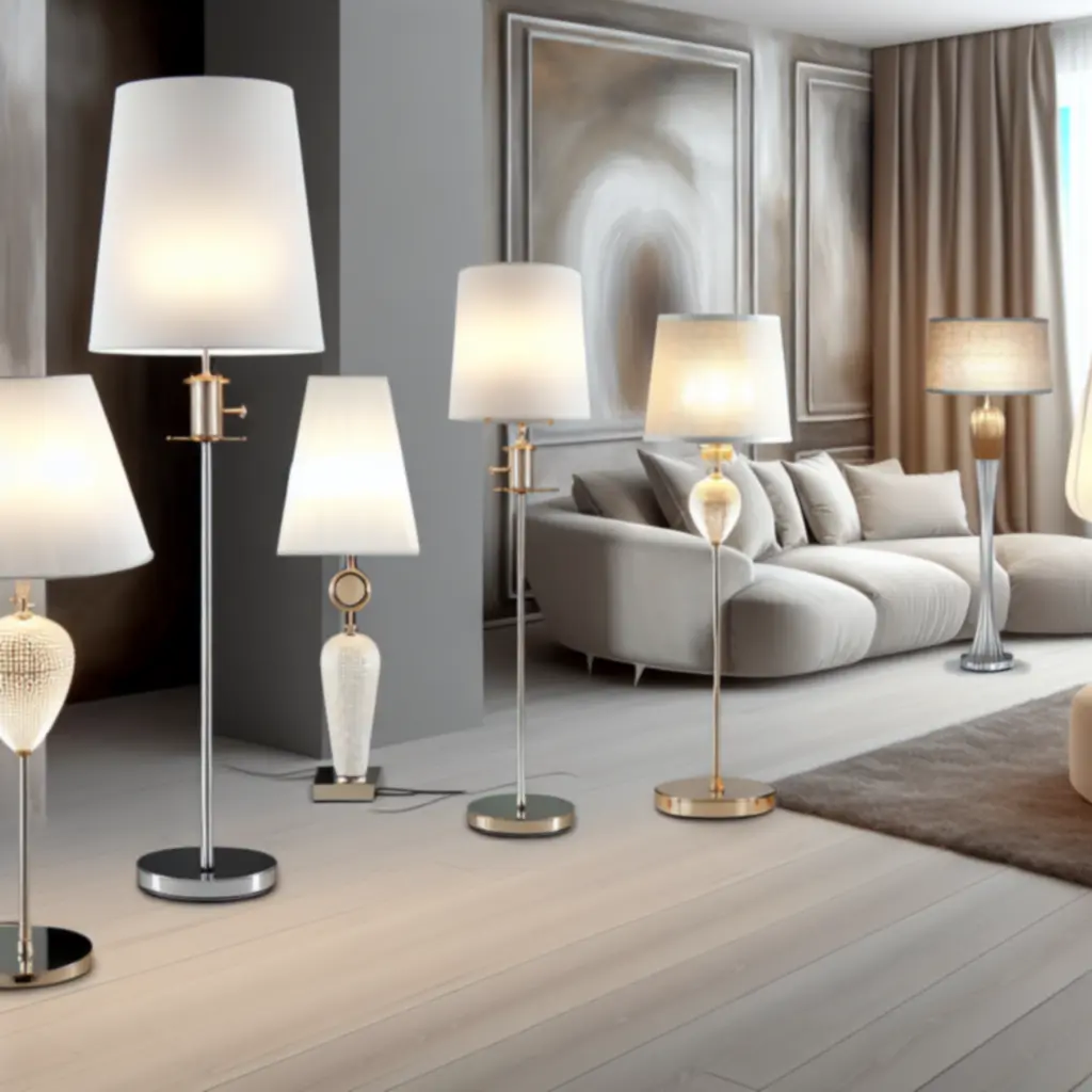 Ekskluzywna aranżacja wysokiej klasy lamp stojących i stołowych w eleganckim wnętrzu