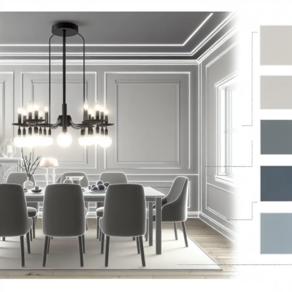 Nowoczesna jadalnia z nastrojowym oświetleniem nad stołem